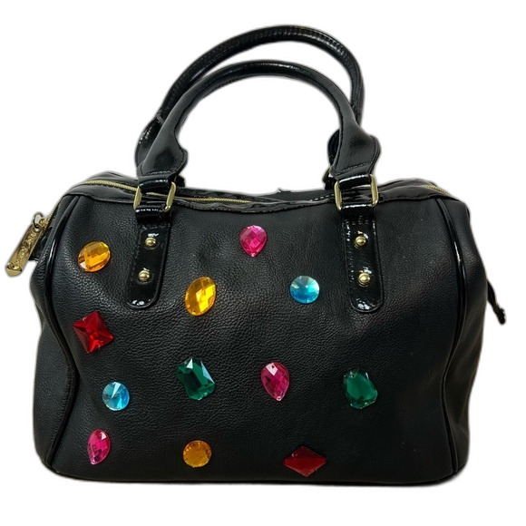 Betsey Johnson Satchel/Shoulder Bag Black Multi Colored Stones - Picture 2 of 16